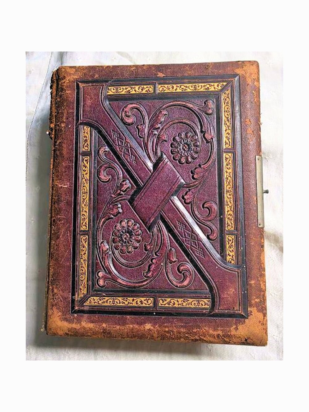 Antique Victorian Embossed Brown Leather Photograph Album Large Gilt Cover Edges